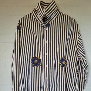 Vintage Y2K nick(it) Funky Striped Embroidered Sun Shirt High Collar Maximalist